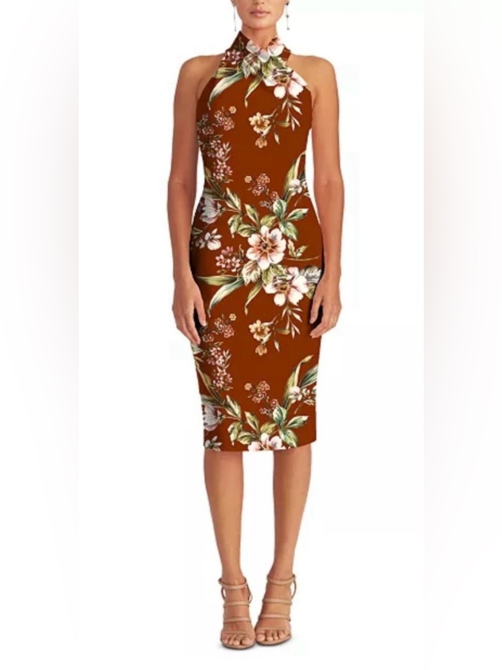 RACHEL Rachel Roy Floral Halter Sheath Midi Dress in Rust